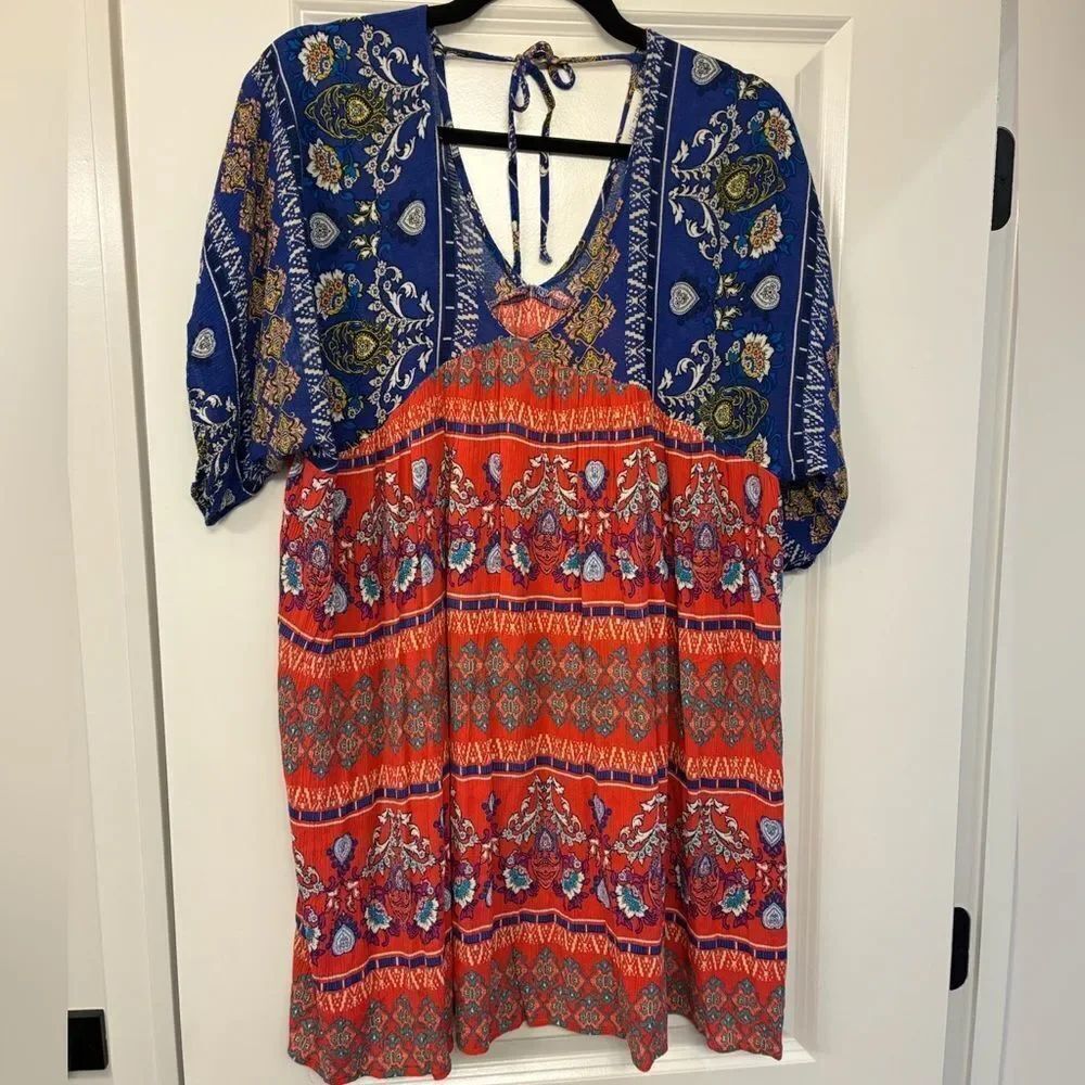 ANTHROPOLOGIE VELZERA Short Sleeve Tunic Top Blue Orange Women’s Size Large